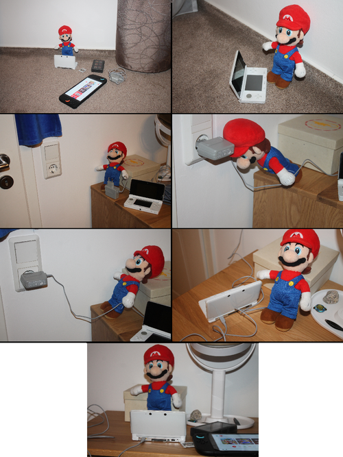 Seven photographs are shown in comic format, arranged left to right, top to bottom. The first shows a plush of Mario playing on a Nintendo 3DS, while the second shows Mario's 3DS battery is empty (oh great!). In the third, Mario is shown with a 3DS AC adapter and is near a socket for plugging it in. The fourth shows Mario plugging the AC adapter into the socket. The fifth shows the 3DS AC adapter is plugged into the socket, and the sixth panel shows Mario plugging the other end of the AC adapter into the 3DS. In the seventh and final, Mario is finally playing the 3DS again, now charged.