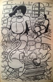 Illustration showing Diddy, Dixie and Cranky Kong confronting Kaptain K. Rool, who has kept Donkey Kong hostage in K. Rool's Keep.
