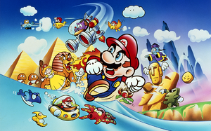 Promotional artwork for Super Mario Land, depicting Mario, Daisy, Tatanga, and various enemies in Sarasaland.