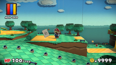 Mario near colorless Eekhammer Battle Card in Sacred Forest of Paper Mario: Color Splash.