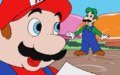Mario telling Luigi that Princess Peach has been kidnapped.