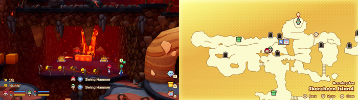 Mario and Luigi near 5 Coins on Skorcheen Island of Mario & Luigi: Brothership.