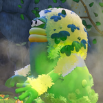 A large green creature from Yoshi and the Mysterious Book