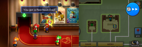 Mario getting the Red Neon Egg from a red Yoshi in Yoshi Theater part of Beanbean Fields of Mario & Luigi: Superstar Saga + Bowser's Minions.
