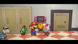 Mario getting Coins from Jolene after the match in the major league in Glitz Pit of Paper Mario: The Thousand-Year Door for Nintendo Switch.