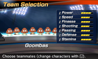 Goomba's stats in the soccer portion of Mario Sports Superstars