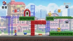 Screenshot of Mario Toy Company level 1-1 from the Nintendo Switch version of Mario vs. Donkey Kong
