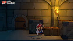 Mario in front of two crates containing a Coin each in Princess Peach's Castle of The Origami King.