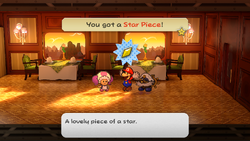 Mario getting the Star Piece from the Excess Express waitress in the remake of the Paper Mario: The Thousand-Year Door for the Nintendo Switch.