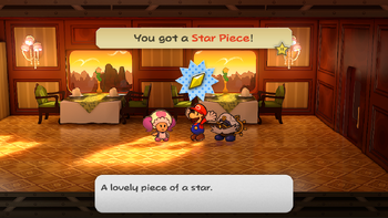 Mario getting the Star Piece from the Excess Express waitress in the remake of the Paper Mario: The Thousand-Year Door for the Nintendo Switch.