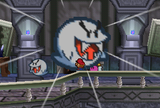 A Boo scaring Mario in Boo's Mansion