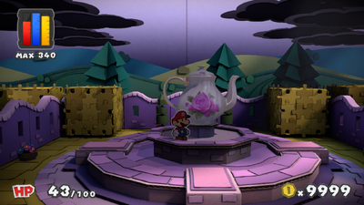 Mario near the Teapot Thing in Plum Park of Paper Mario: Color Splash.