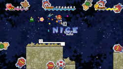 A Stylish move performed by Mario in Planet Blobule in the game Super Paper Mario. The audience is cheering.