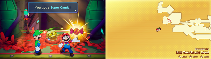 Mario and Luigi getting a Super Candy from the Golden Grampy Turnip in Soli-Tree from Mario & Luigi: Brothership.