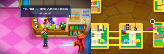 Mario and Luigi getting all 10 Attack Pieces for the Mighty Meteor Bros. Attack in Toad Town of Mario & Luigi: Bowser's Inside Story + Bowser Jr.'s Journey.