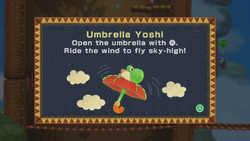 Screenshot of Umbrella Yoshi from Yoshi's Woolly World