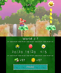 Smiley Flower 5: In a bonus area accessed by retrieving a key from a hidden Winged Cloud above a Countdown Platformand going through a locked door. Red Yoshi needs to traverse above a Lunge Fish using a Paddle Platform and navigating through trees to retrieve it.
