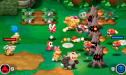 A screenshot of the level, "Farm of Harm" in Mario & Luigi: Bowser's Inside Story + Bowser Jr.'s Journey.
