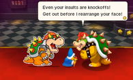 Bowser meeting his paper counterpart at Bowser's Castle.