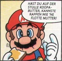 Mario holding a slice of bread with Koopa-Butter spread on it in the Club Nintendo comic "Super Mario: Coole Klänge"