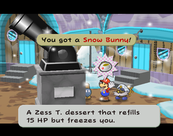 Mario getting a Snow Bunny from Swob in Fahr Outpost of Paper Mario: The Thousand-Year Door.