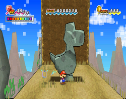Mario near the Yoshi Statue which will house the Stone Tablet afterwards in Gap of Crag of Super Paper Mario.