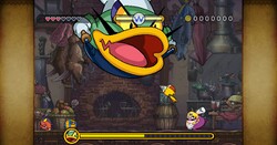 A screenshot of Wario fighting Large Fry.