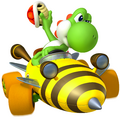 Yoshi driving his Bumble V with a Red Shell