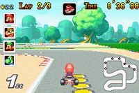 Mario racing at Mario Circuit 2 in Mario Kart: Super Circuit.