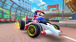 Mario (Racing) drifting in the B Dasher Mk. 2 on Tokyo Blur 4 in Mario Kart Tour