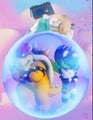 Rabbid Rosalina on top of a bubble that Edge and Bowser are inside