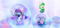 Luigi and Rabbid Mario in bubbles, with Rabbid Luigi on the bubble Luigi is in