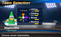 Green Magikoopa's stats in the baseball portion of Mario Sports Superstars