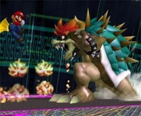 A screenshot of Mario fighting Giga Bowser in Super Smash Bros. Melee