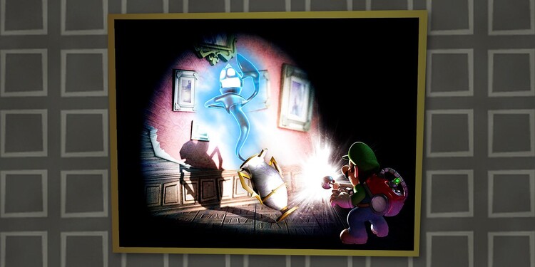 Artwork of Luigi and a Hider shown with the fourth question of Luigi's Mansion 2 HD Ghost Personality Quiz.