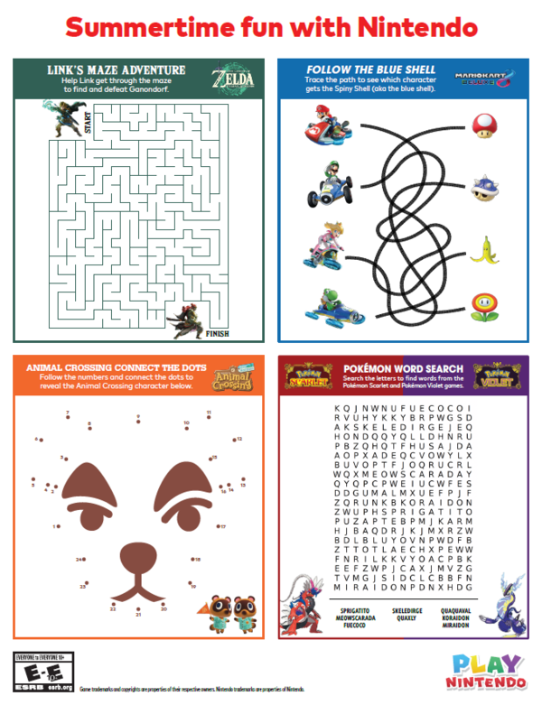 A printable sheet with activities related to several Nintendo Switch games, i.e. The Legend of Zelda: Tears of the Kingdom, Mario Kart 8 Deluxe, Animal Crossing: New Horizons, Pokémon Scarlet, and Pokémon Violet