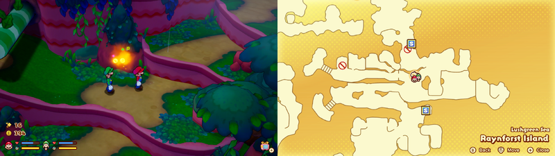 Mario and Luigi near a Sprite Bulb Nest on Raynforst Island of Mario & Luigi: Brothership.