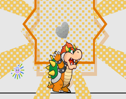 Bowser picking up a Pure Heart after the boss fight with Brobot L-type in World of Nothing of Super Paper Mario.
