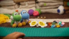 Screenshot of a scene in episode 2 of Yoshi's Woolly World: Adventure Guide, the scene has Yoshi and Light-blue Yoshi next to a line of Smiley Flowers, and beads