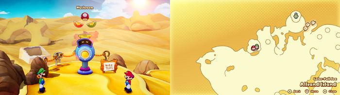 Mario and Luigi being given a Mushroom by the Concordia Hammer-Rally machine on Allsand Island of Mario & Luigi: Brothership.