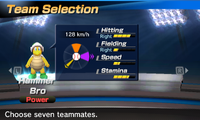Hammer Bro's stats in the baseball portion of Mario Sports Superstars