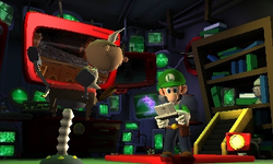 Luigi playing a Dual Scream, with Professor Elvin Gadd nearby