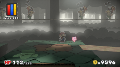 Mario near a Heart in Mossrock Theater of Paper Mario: Color Splash.