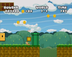 Screenshot of Bowser at a hidden ? Block location in World 1, in Paper Mario: The Thousand-Year Door.