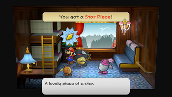 Mario getting the Star Piece in the drawer of Cabin 8 in Excess Express in the remake of the Paper Mario: The Thousand-Year Door for the Nintendo Switch.