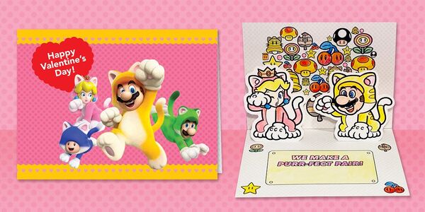 Presentation banner for a printable Super Mario 3D World + Bowser's Fury Valentine's Day pop-up card featuring the game's playable characters in their Cat forms