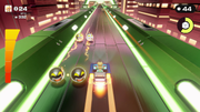 A Super Mario Party Jamboree minigame involving a motor vehicle, collecting coins between several lanes