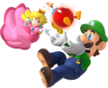 Peach tossing a Bob-omb to Luigi