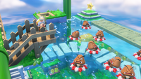 At the Floaty Fun Water Park, Captain Toad is seen yawning by the bridge's edge, while Goombas are resting on their tubes over the water.