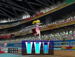 Princess Peach in the Triple Jump event for Mario & Sonic at the Olympic Games